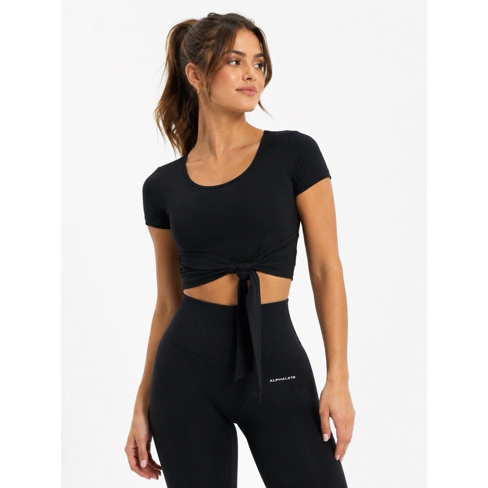 Alphalete Ultra Soft Wrap Tie Crop Top Black Short Sleeve Size M NWT Gym Yoga